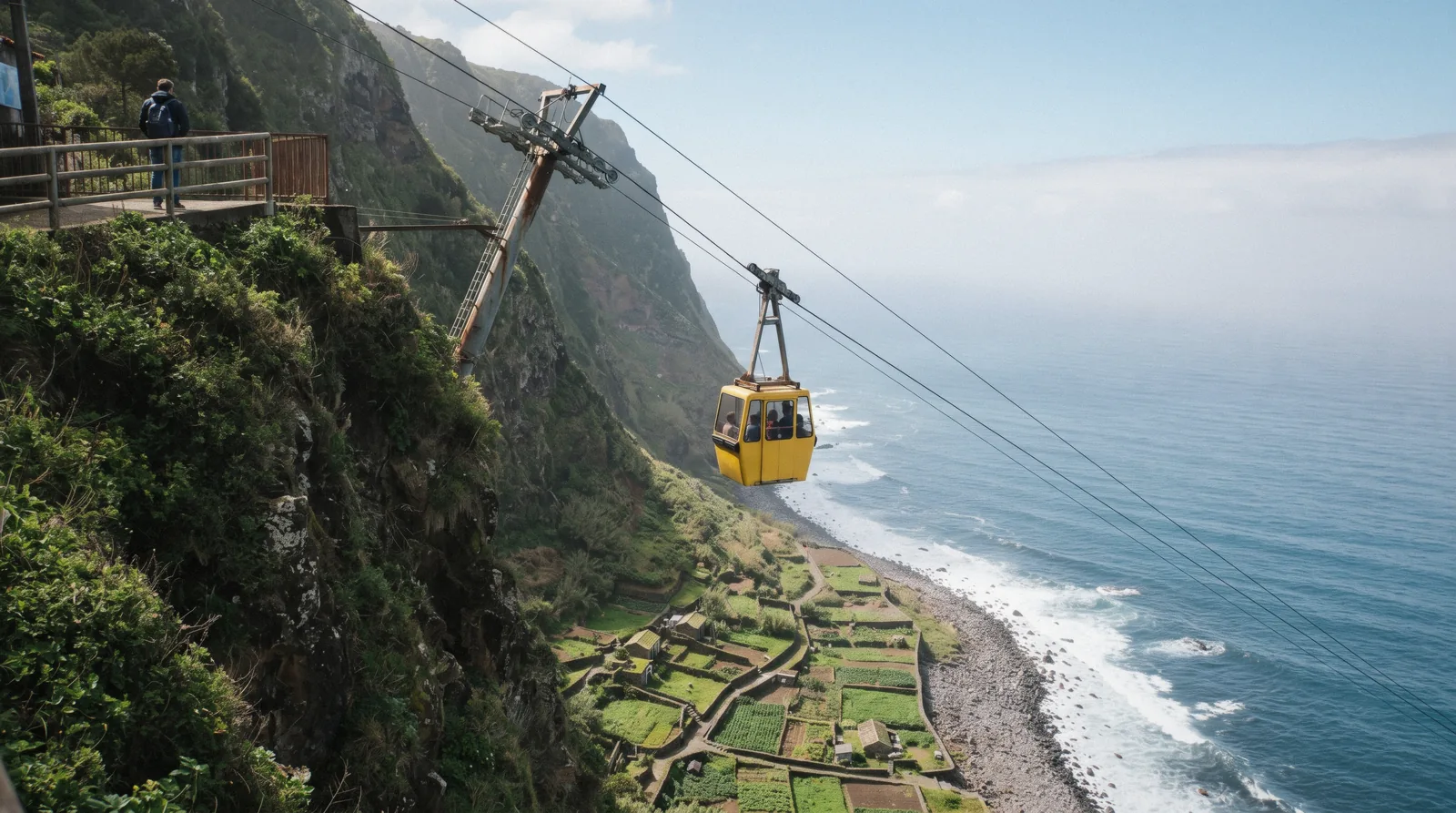 The Achadas da Cruz cable car descending the cliff towards Fajã da Quebrada Nova in Madeira, Portugal