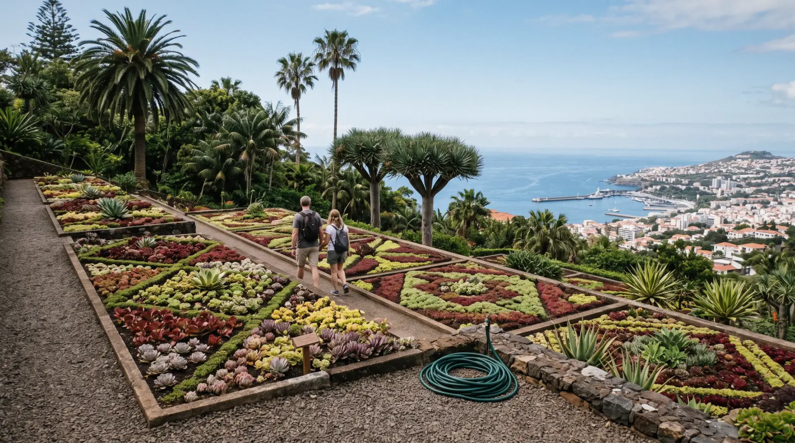 Colourful planted beds and views over Funchal at the Madeira Botanical Garden