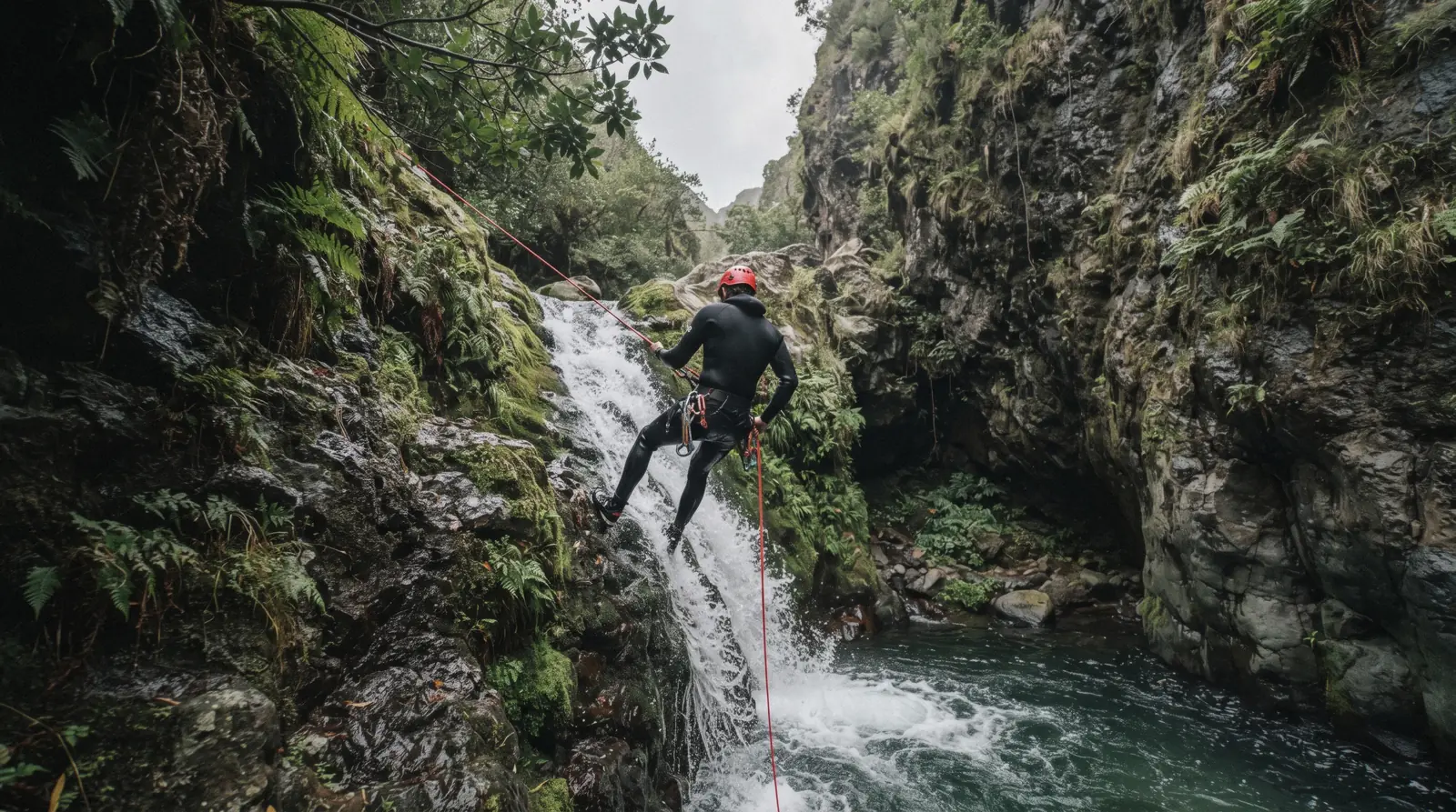 A canyoner rappelling a waterfall on a canyoning trip in a green ravine near Curral das Freiras, Madeira, Portugal