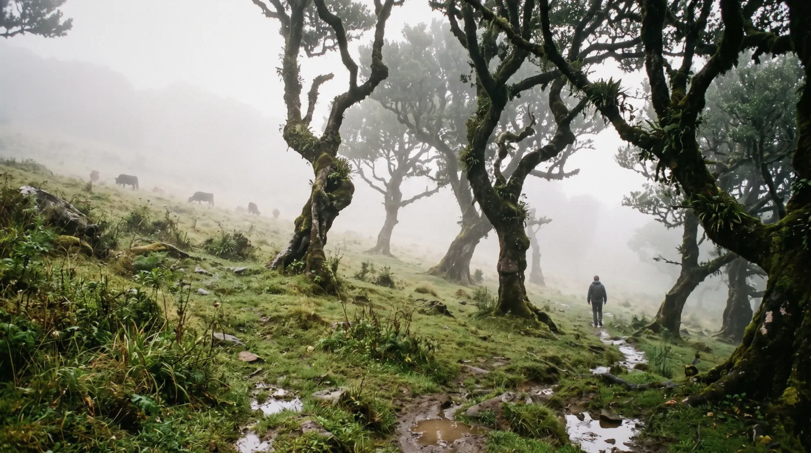 Contorted laurel trees in fog on the Fanal plateau with grazing cows in the background, Madeira, Portugal