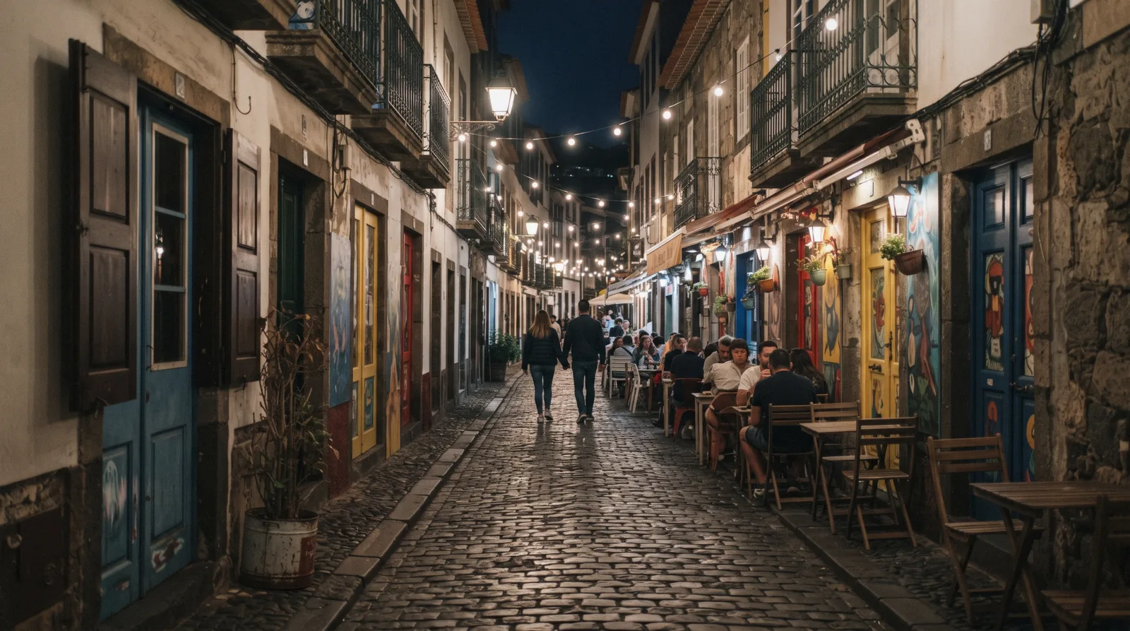 Painted doors and lit terraces along the cobbled Rua de Santa Maria after dark, Funchal nightlife in Madeira