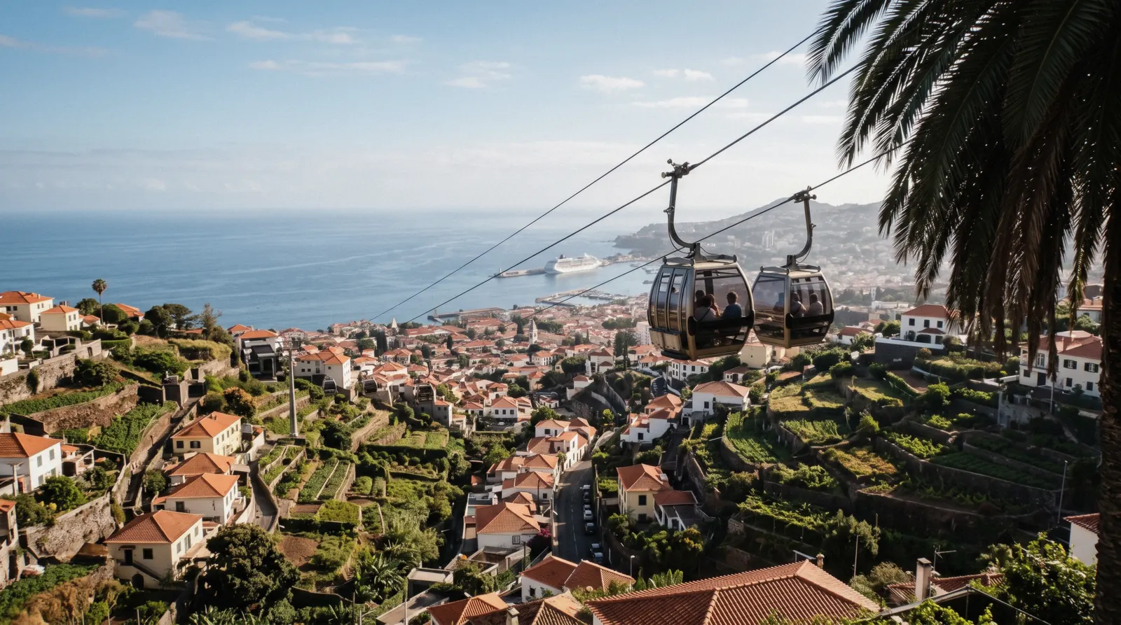 A cabin of the Funchal cable car climbing above the rooftops of Funchal towards Monte in Madeira