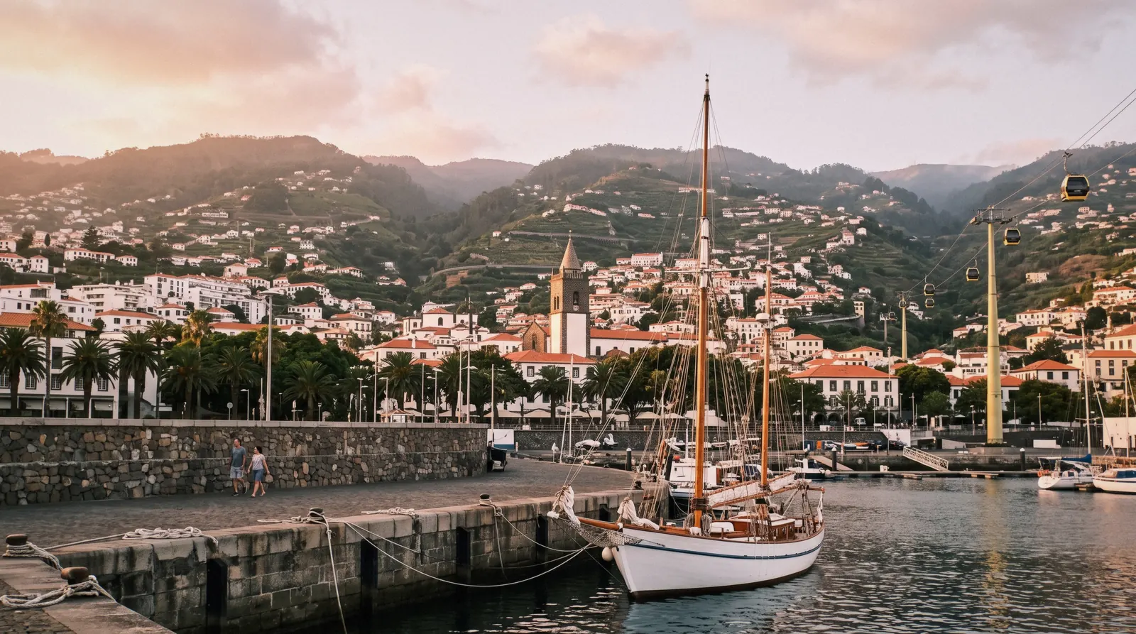 The amphitheatre of Funchal seen from the hills above, with the bay and the orange rooftops of the old town, Madeira, Portugal