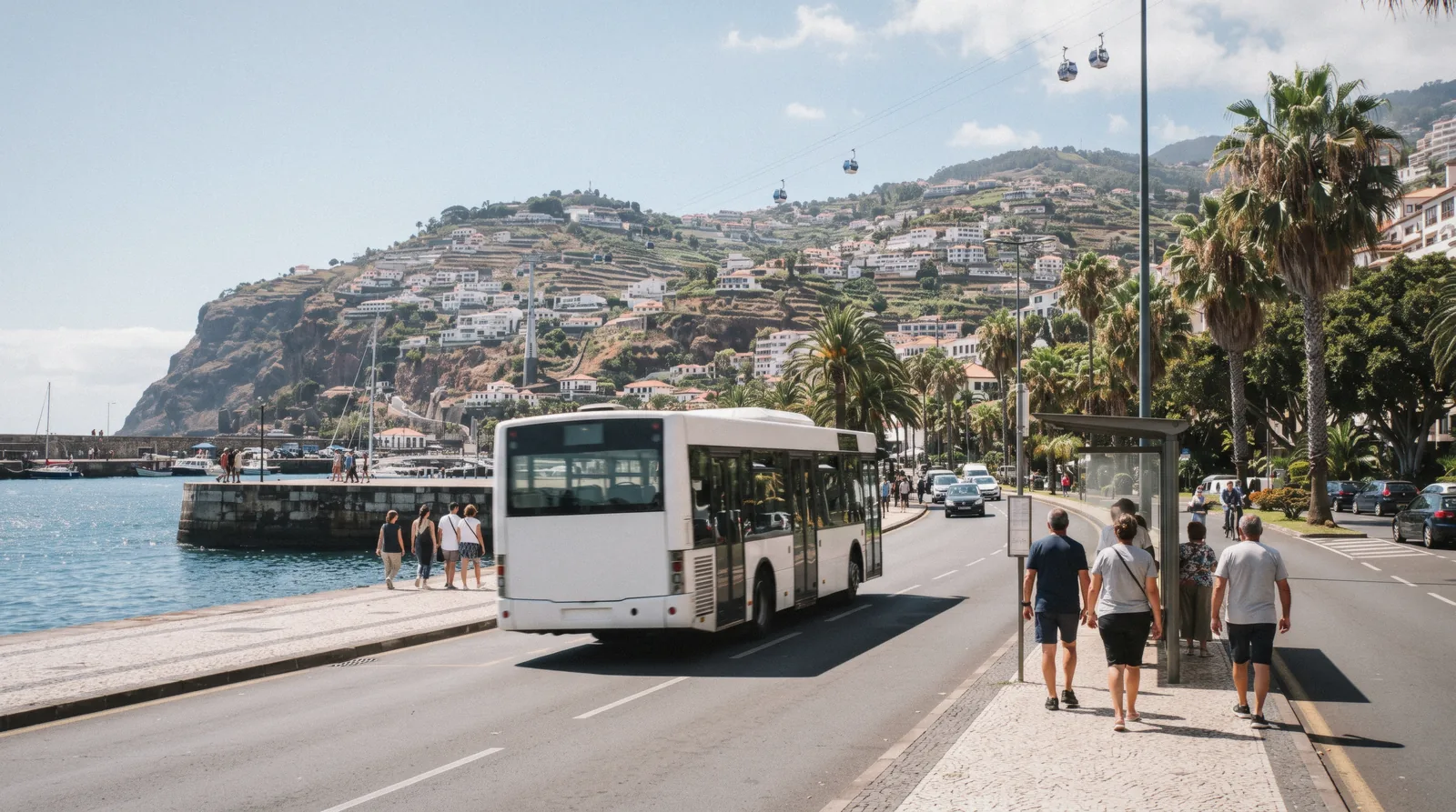 A SIGA public bus climbing a coastal road on Madeira, getting around Madeira by bus between Funchal and the west coast towns