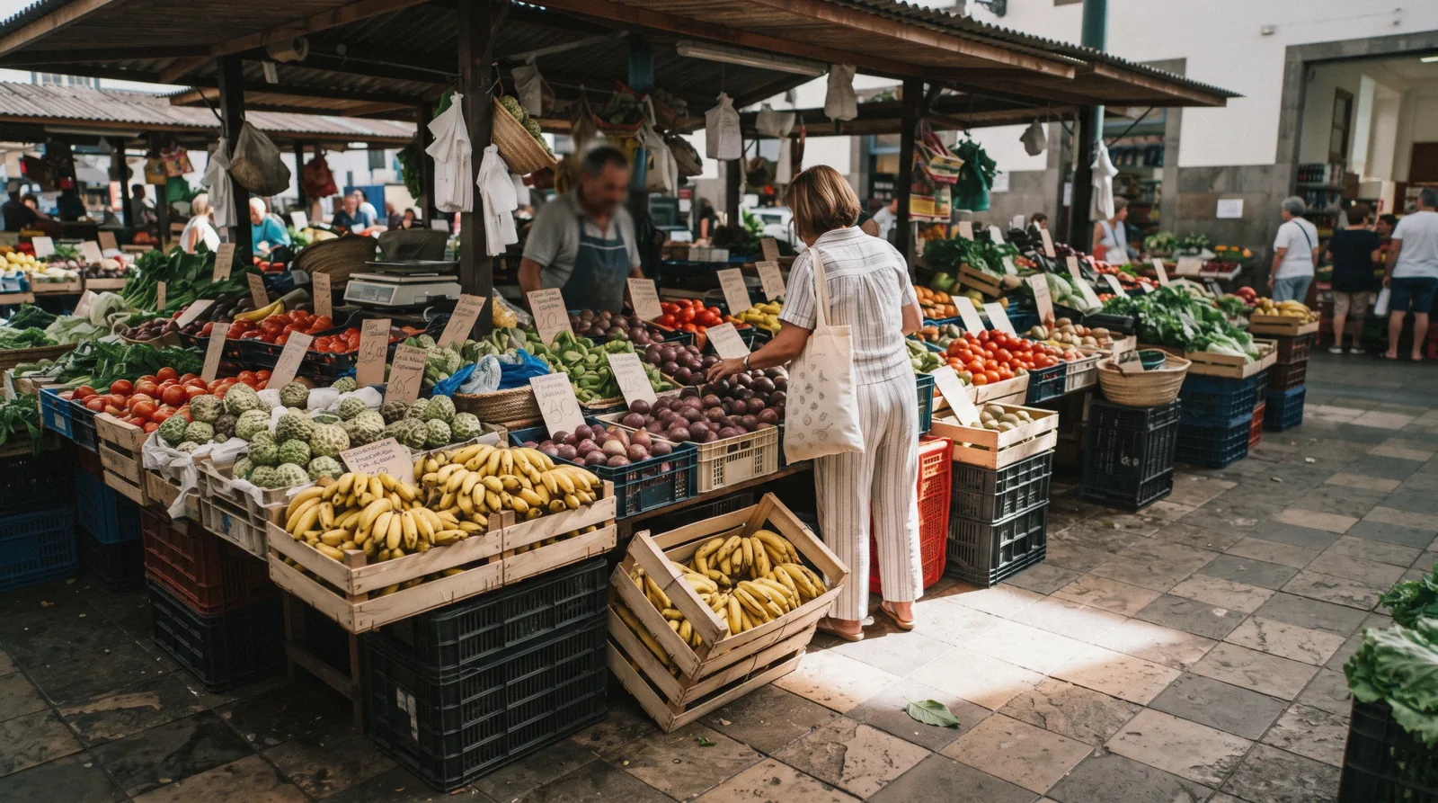 Crates of Madeira bananas, custard apples and passion fruit on a market stall in Funchal, the base of vegan eating in Madeira