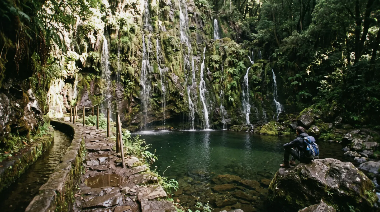 Green levada channel with mossy walls and a waterfall in the Rabaçal valley, Madeira, Portugal