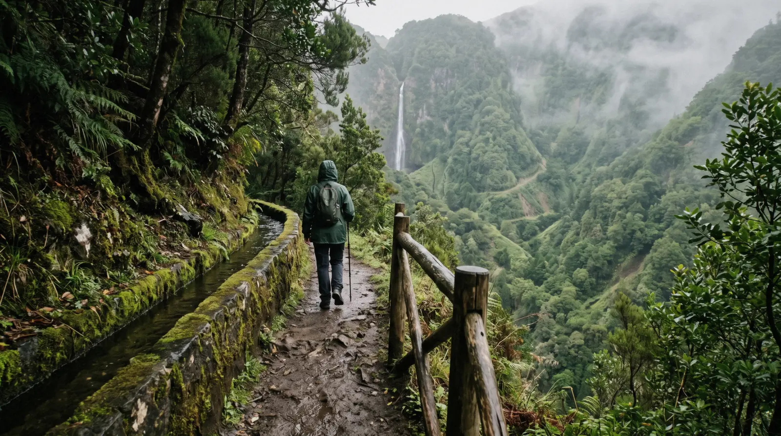 A walker small on the path beside the Levada do Caldeirão Verde channel in the laurel forest above Santana, Madeira