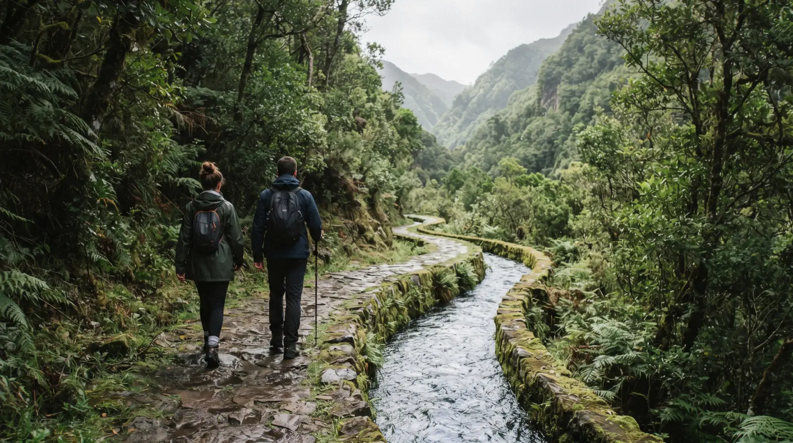 A walker beside a levada channel under laurel forest on one of the classified levada walks in Madeira