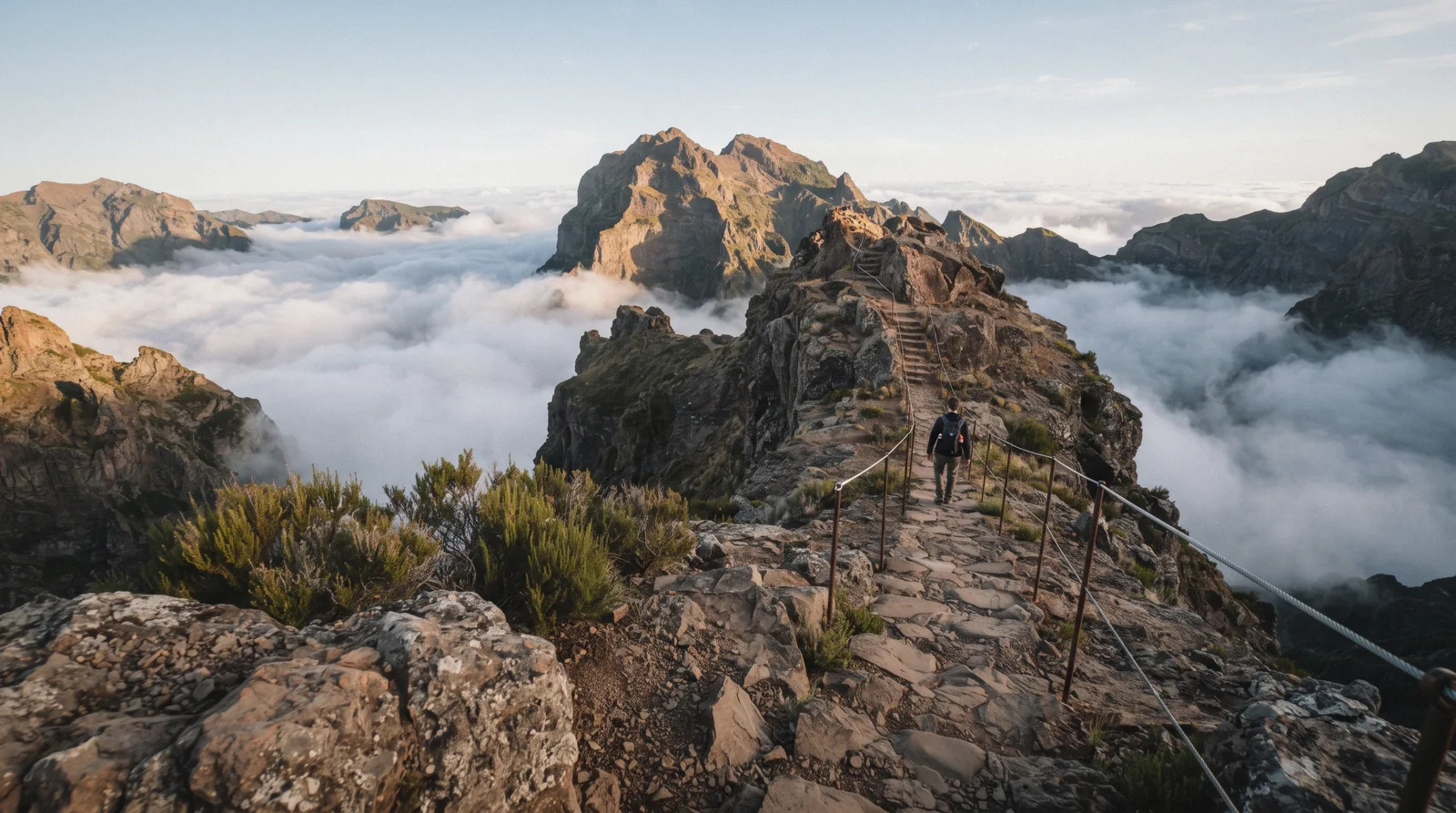 The PR1 ridge path at Pico do Areeiro at sunrise above cloud, the centrepiece of this Madeira itinerary