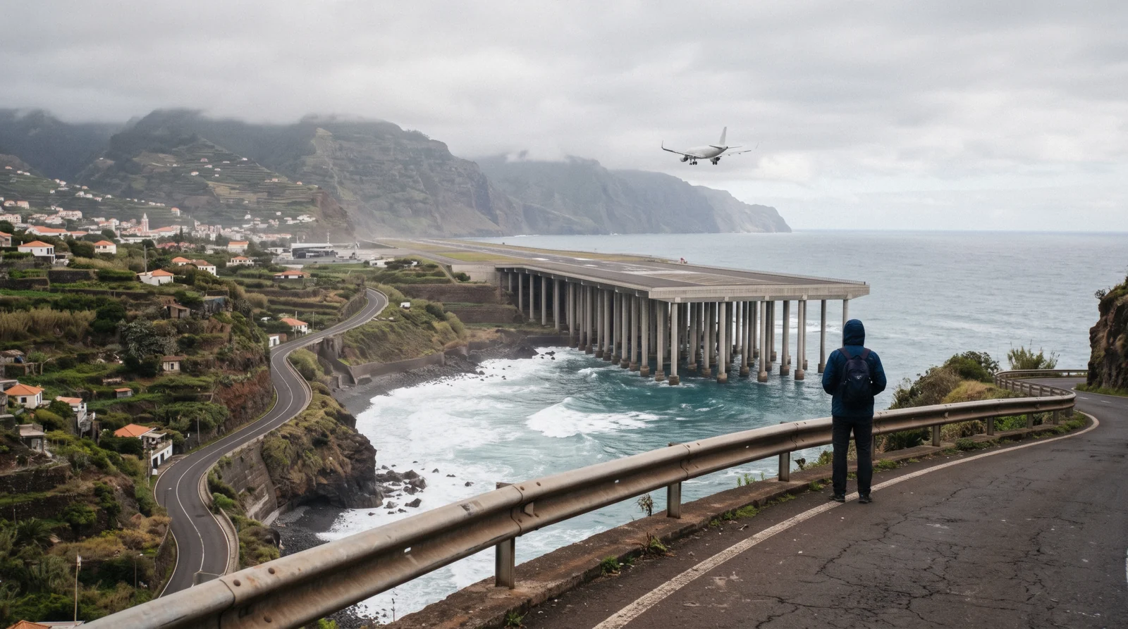 A jet on the coastal runway at Madeira airport in Santa Cruz, with the terminal building and the Atlantic beyond