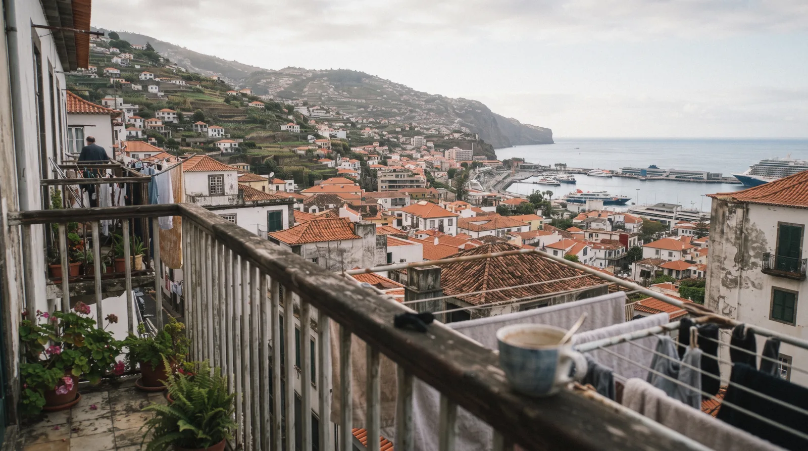 A self-catering apartment terrace overlooking Funchal, Madeira, one of the many apartments in Madeira available to rent