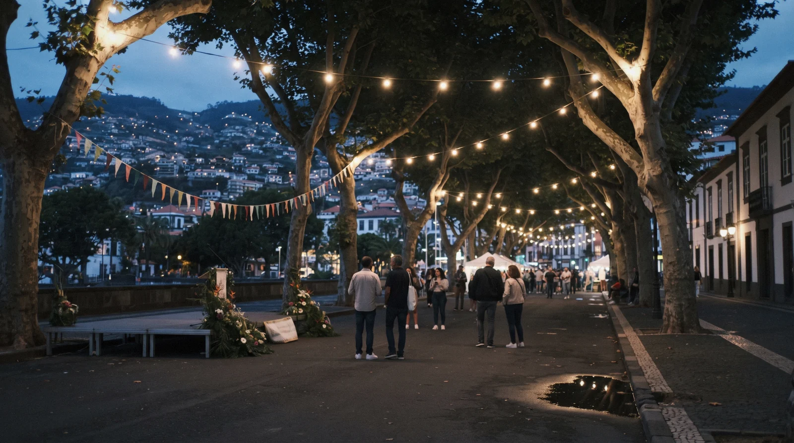 Flower decorations and strings of lights over Avenida Arriaga in central Funchal during one of the Madeira events on the regional calendar