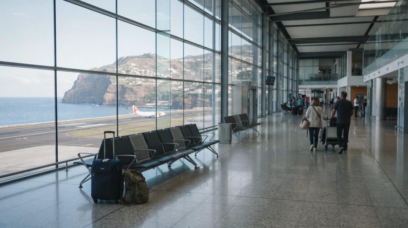 A wheeled suitcase and a rucksack waiting beside empty seats in the arrivals hall at Madeira airport, the first stop for luggage storage in Madeira