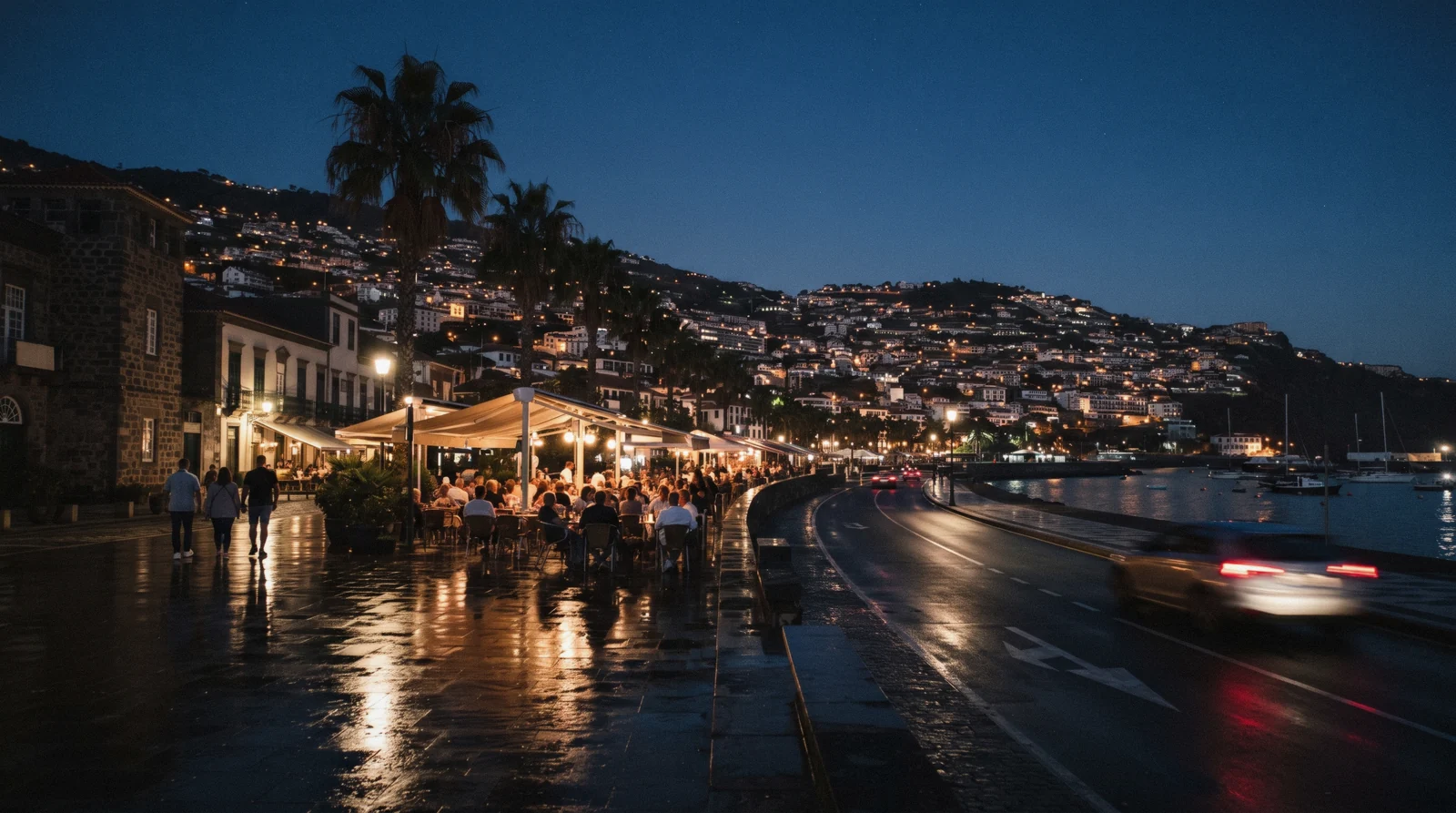 Lit waterfront terraces on the Avenida do Mar with the city amphitheatre behind at night, Madeira nightlife in Funchal