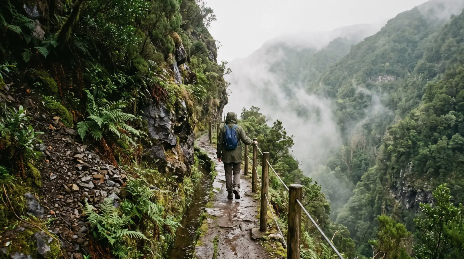 A narrow levada path with a handrail above a green ravine in the Madeira mountains, the terrain behind the question is Madeira safe