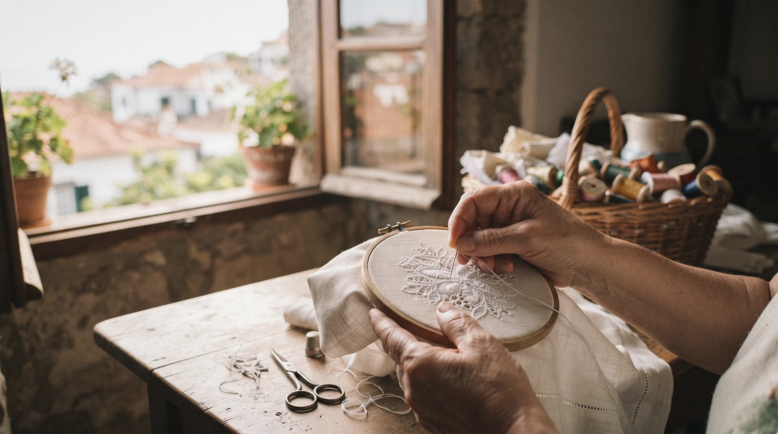 A pair of hands working fine white Madeira embroidery on a wooden frame by a window in Funchal, the craft at the centre of Madeira shopping