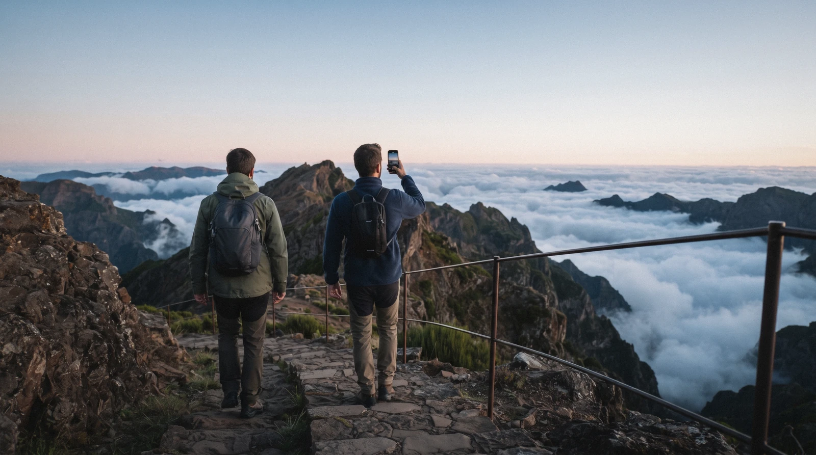 Walkers queueing at the trailhead gate on Pico do Areeiro for the SIMplifica Madeira trail booking check before the PR1 ridge walk