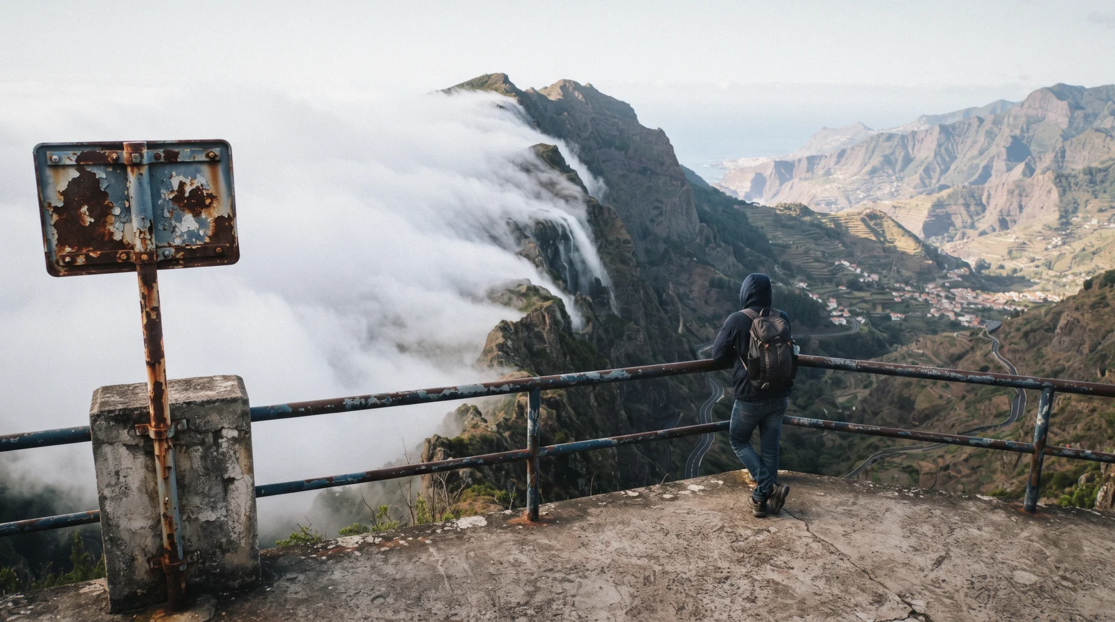 A railed miradouro platform above a cloud-filled valley at first light, one of the Madeira viewpoints in the central mountains