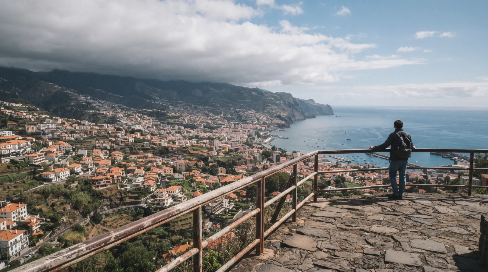 Cloud sitting on the central mountain ridge above the Funchal seafront at midday, the split that defines Madeira weather between coast and peaks