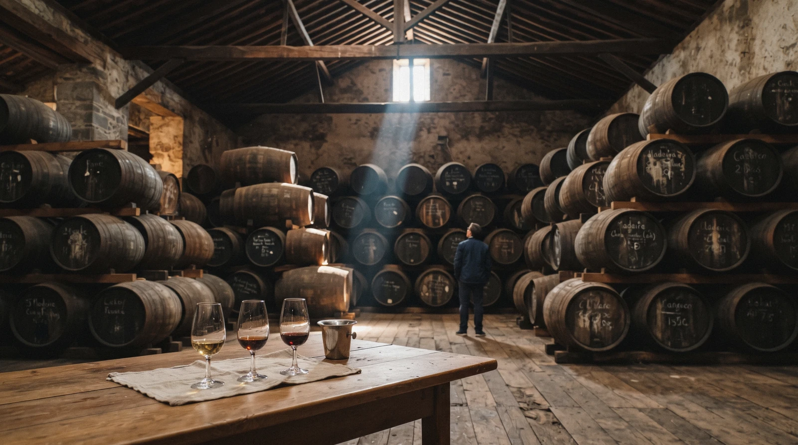 Oak casks stacked on wooden beams in a Funchal lodge with three tasting glasses of Madeira wine in the foreground, Madeira