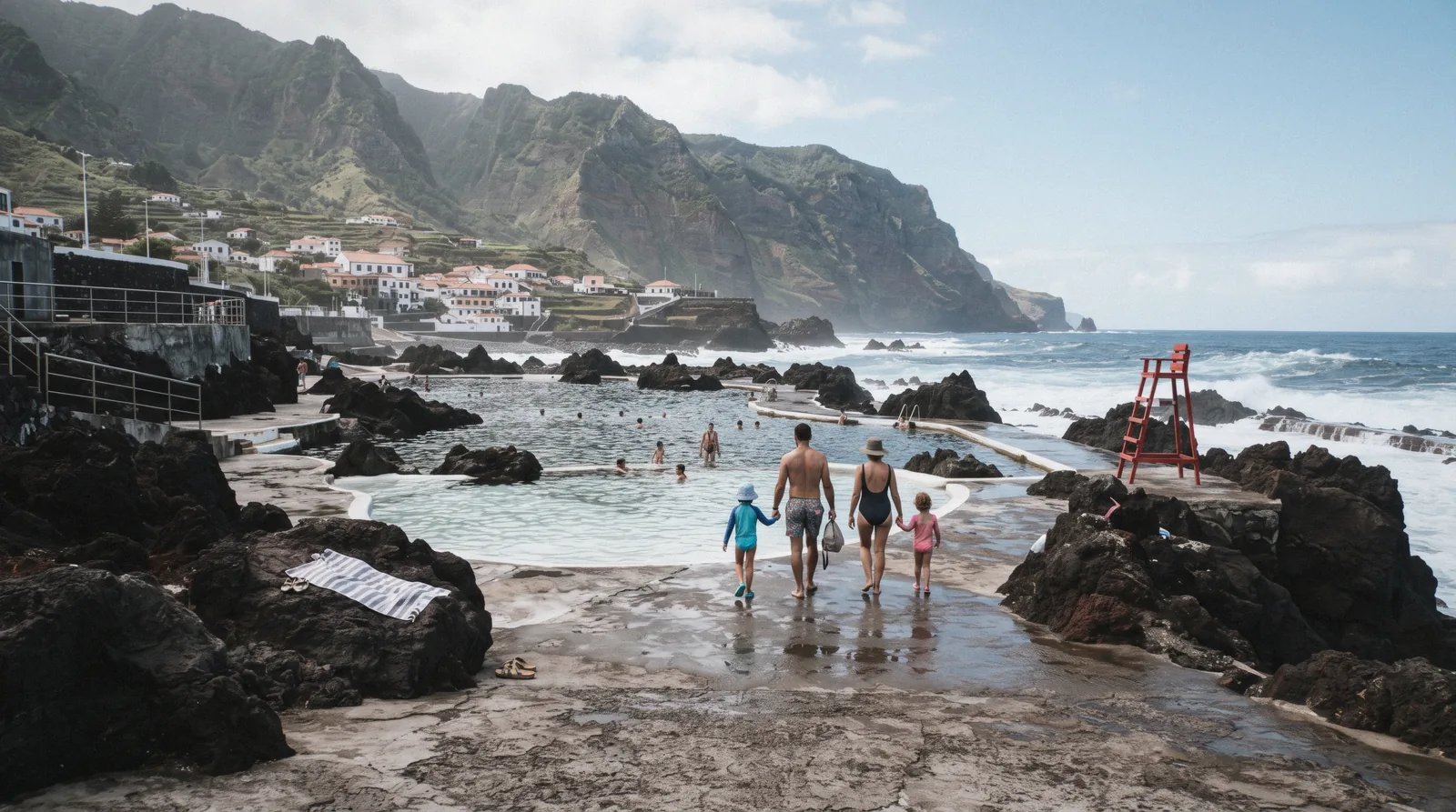 A family with two children at the Porto Moniz volcanic pools on the north coast, the kind of safe swim that decides a Madeira with kids trip