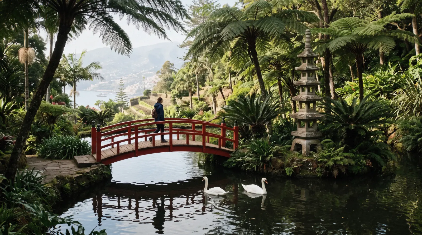 Lakes, pagodas and tile panels in the Monte Palace Tropical Garden above Funchal