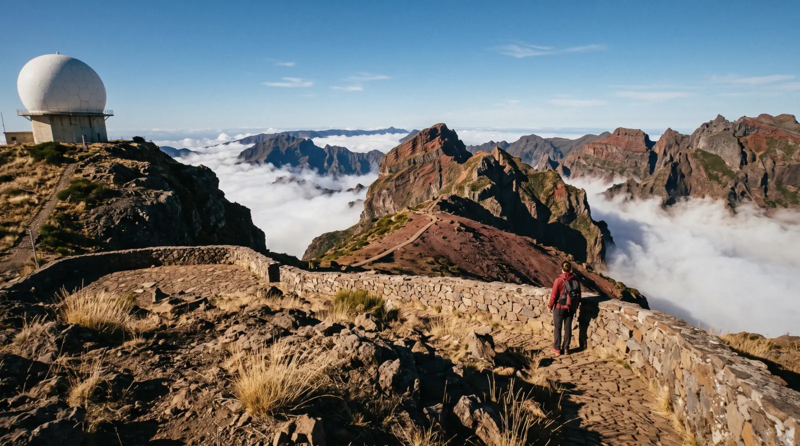 Jagged basalt peaks of the Pico do Arieiro ridge with clouds filling the valleys below, Madeira, Portugal