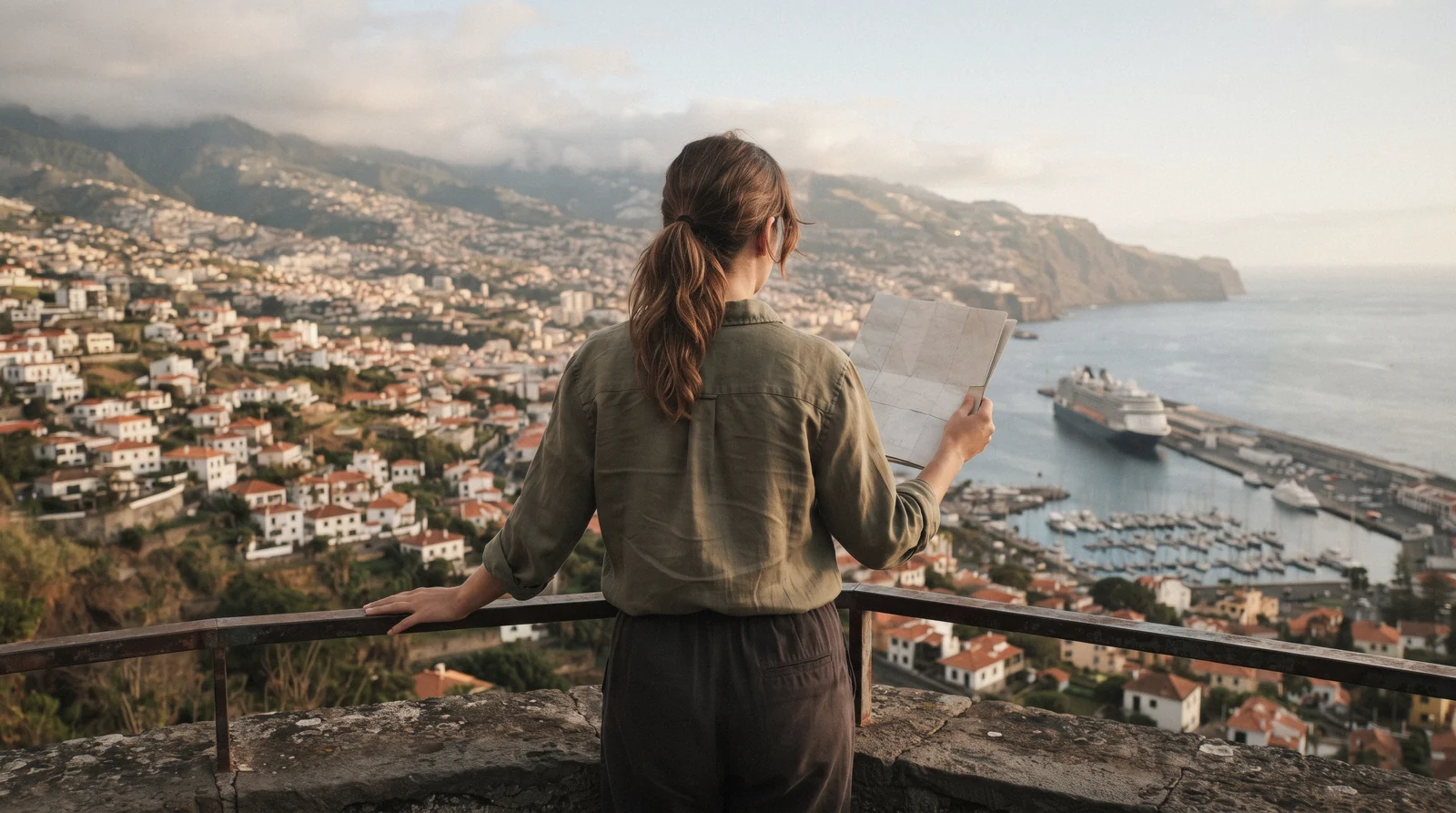 A traveller at a viewpoint above Funchal's rooftops and harbour, the kind of first evening these Madeira travel tips are written for