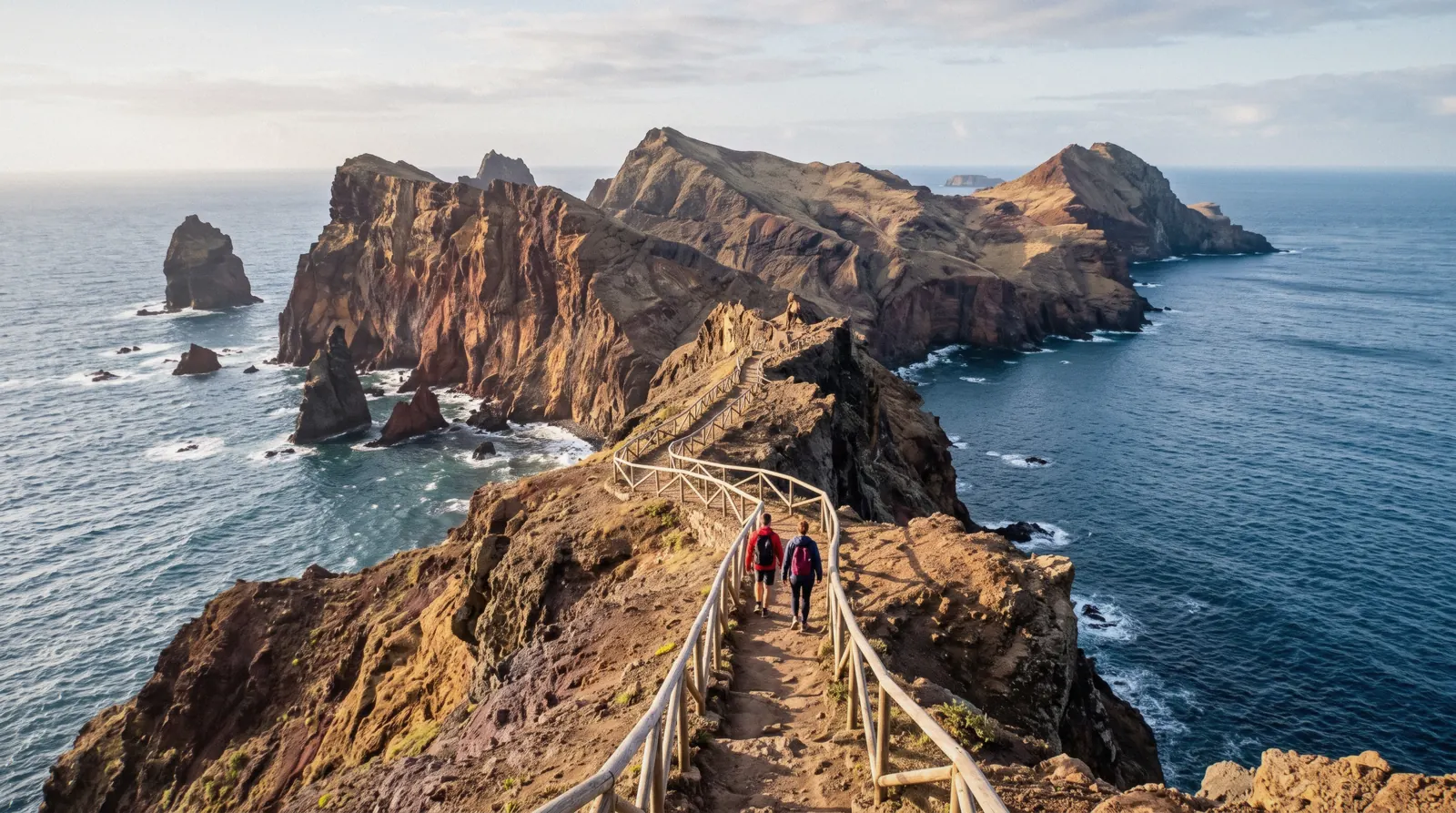 Dry golden ridge of the Ponta de São Lourenço peninsula with the ocean on both sides, Madeira, Portugal