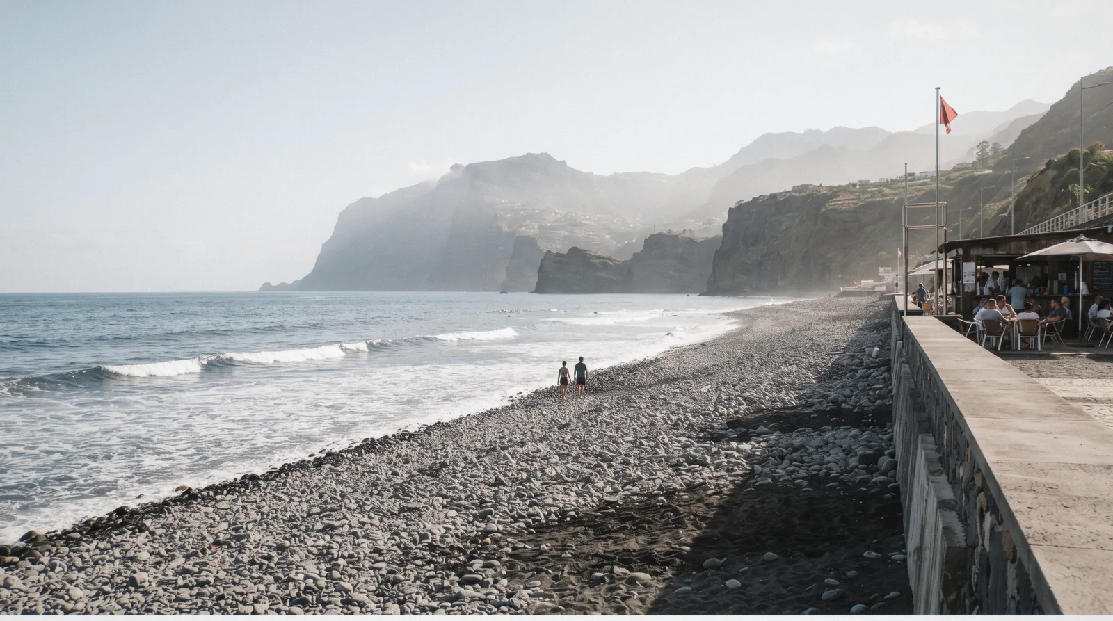 Praia Formosa beach with rolled pebbles and the Atlantic in Funchal, Madeira, Portugal