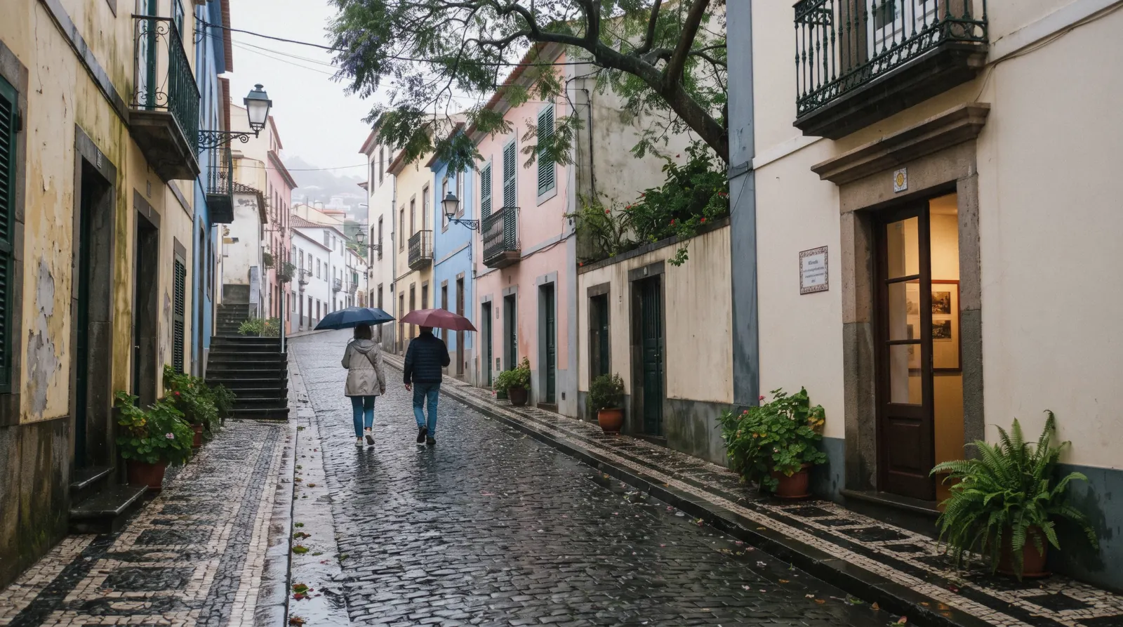 Wet cobbles and umbrellas on Rua da Carreira in Funchal during a rainy day in Madeira, with the museum doors open along the street