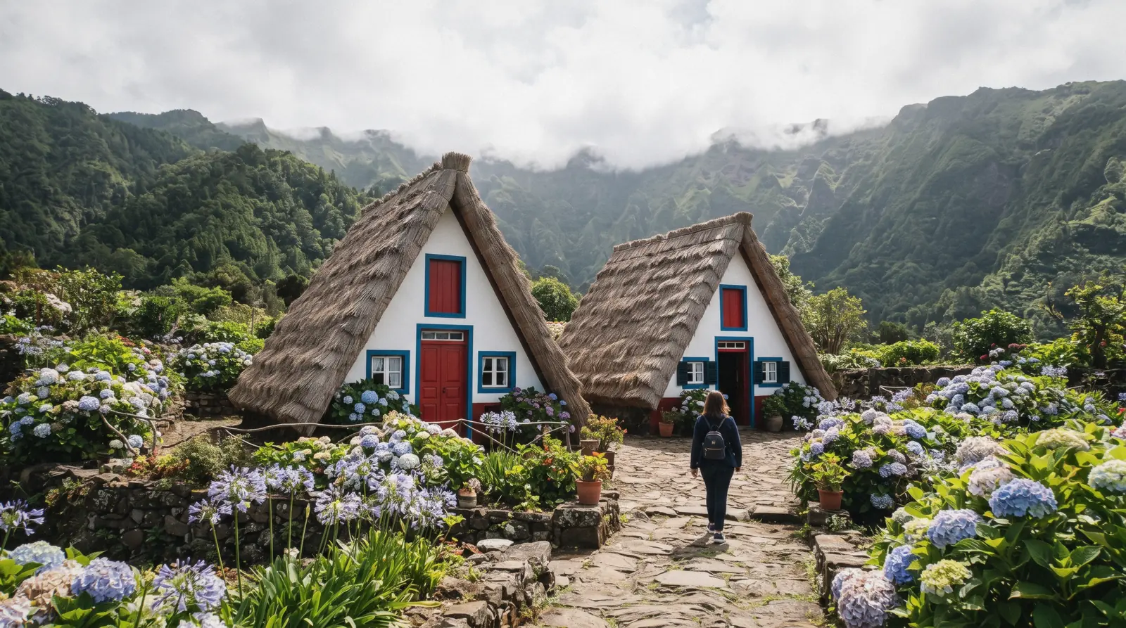 The triangular thatched casinhas de Santana with white walls and red roofs in Santana, Madeira, Portugal