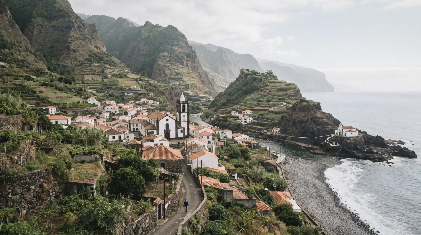 The town of São Vicente on the north coast of Madeira, Portugal, with the seafront and the chapel built into basalt rock