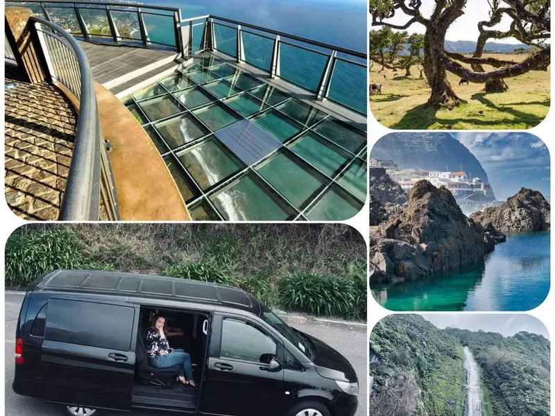 A wooden skywalk platform jutting over a cliff edge on a Madeira west tour with Fanal forest and skywalk experience in Porto Moniz, Madeira