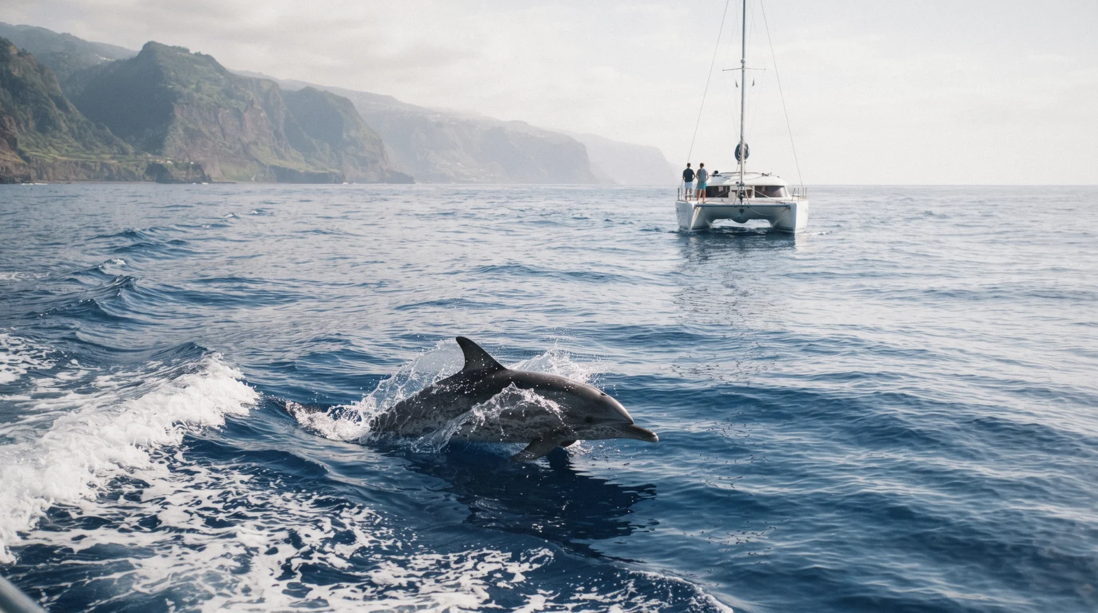 Dolphins surfacing beside a catamaran on a whale watching trip off Funchal marina in Madeira, Portugal